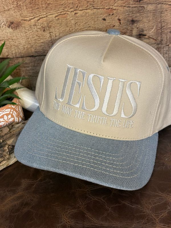 JESUS Denim Embroidered Trucker Hat