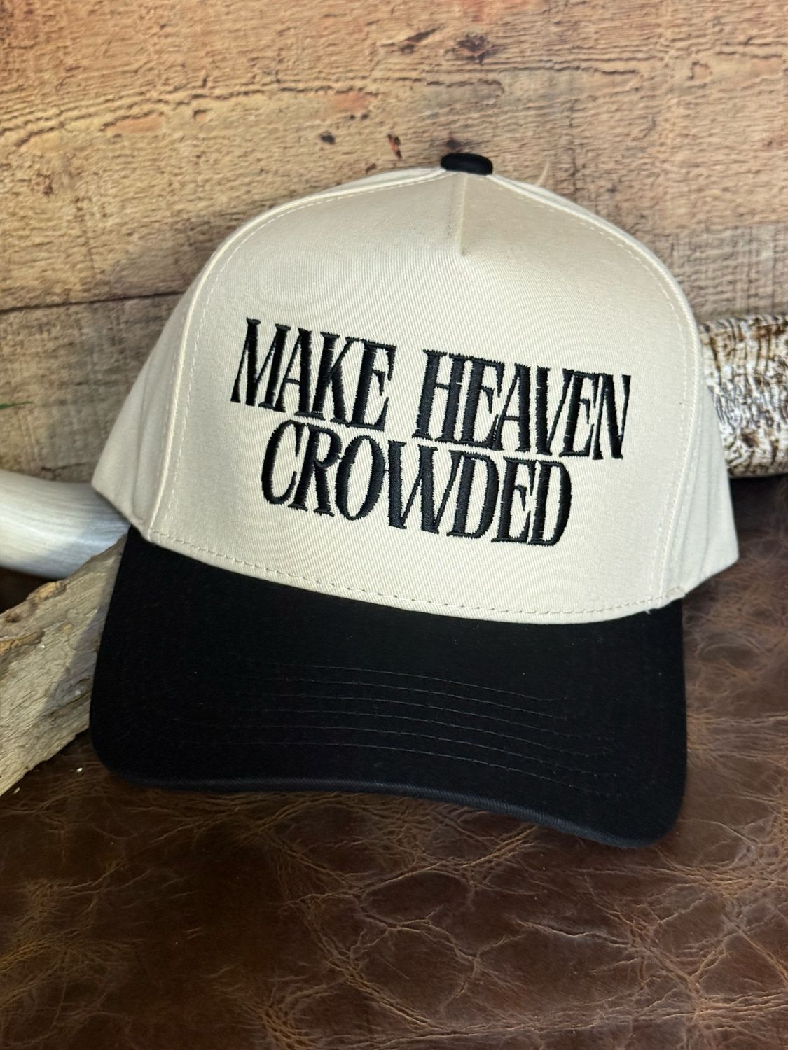 Make Heaven Crowded Black Embroidered Trucker Hat