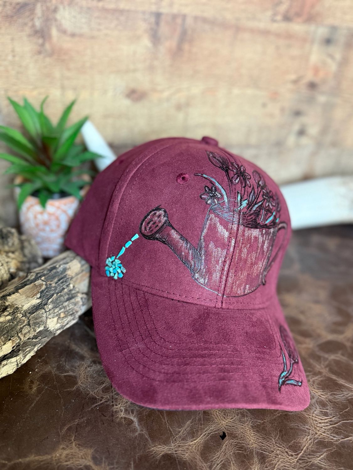 Flower Pot Floral Burned Crimson Trucker Hat with Turquoise