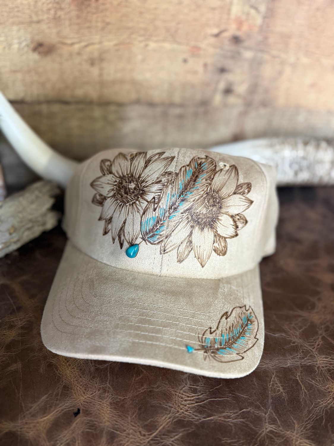 Floral Feather Burned Khaki Trucker Hat with Turquoise