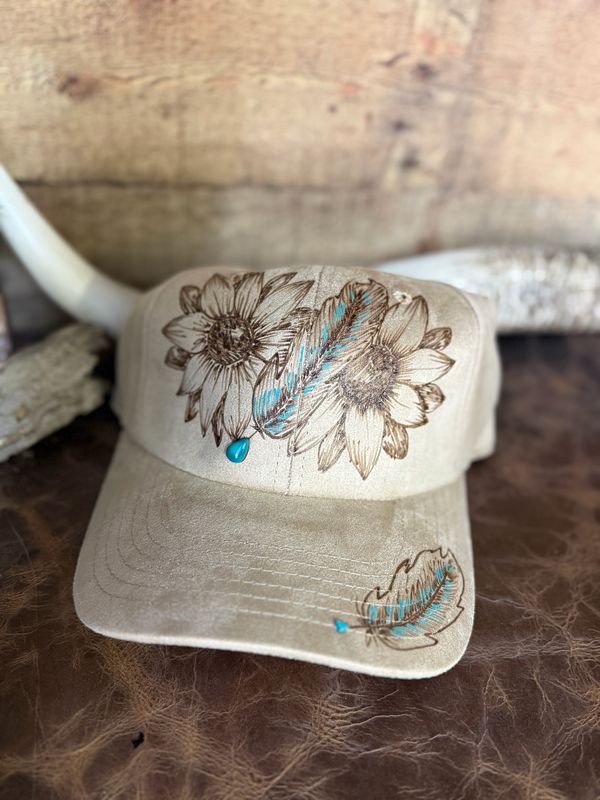 Floral Feather Burned Khaki Trucker Hat with Turquoise