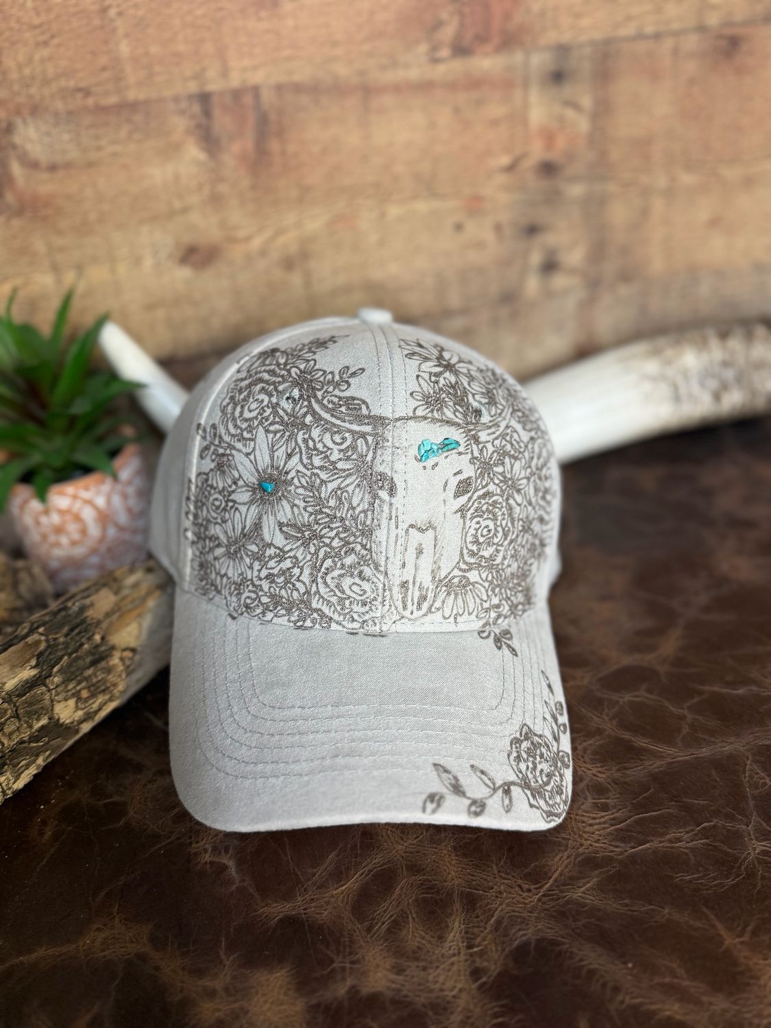 Floral Burned Skull Trucker Hat with Turquoise