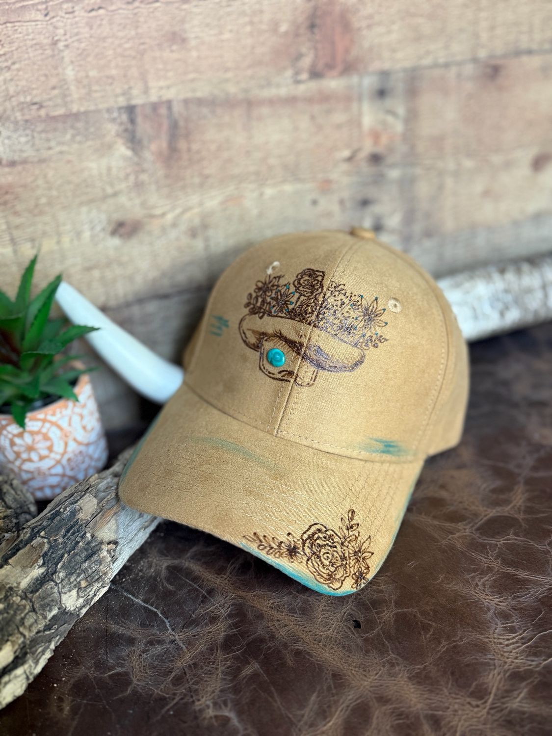 Upside Down Cowboy Floral Burned Trucker Hat with Turquoise