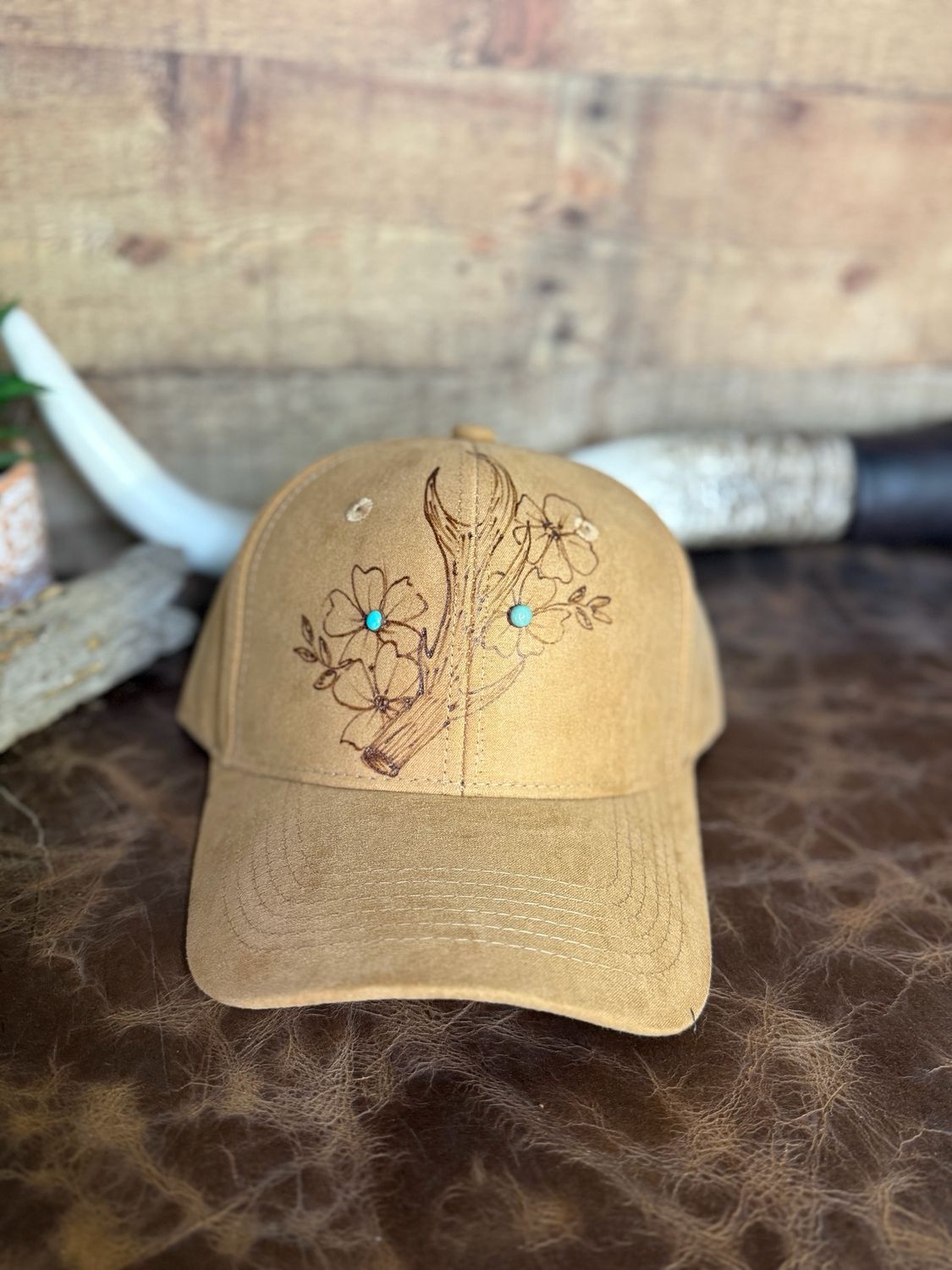 Antler Floral Burned Trucker Hat with Turquoise
