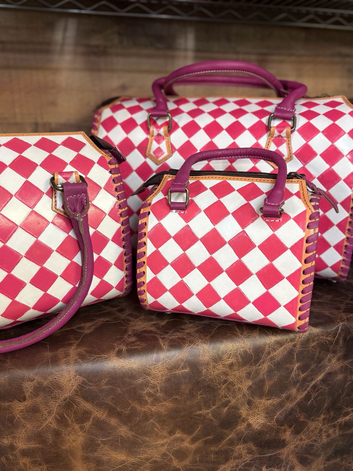 Pink Checkers Speedy Barrel Bags