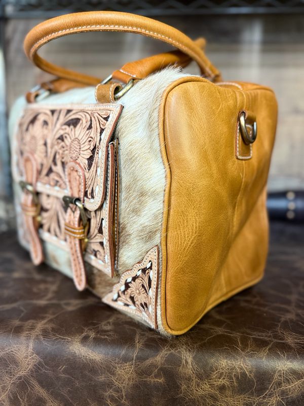 Golden Leather Cowhide Tooled Buckle Satchel Bag