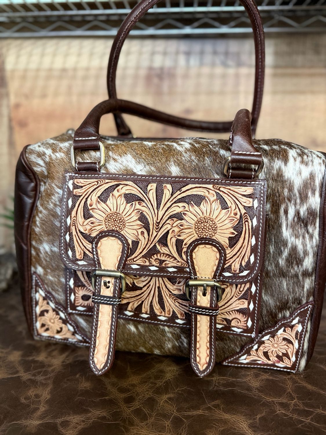 Chocolate Leather Cowhide Buckle Satchel Bag