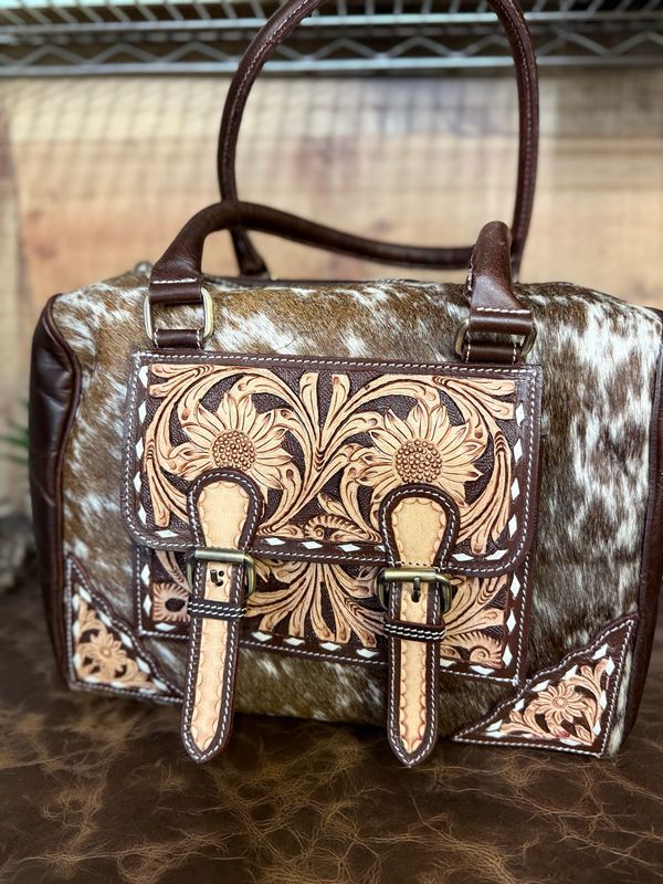 Chocolate Leather Cowhide Buckle Satchel Bag