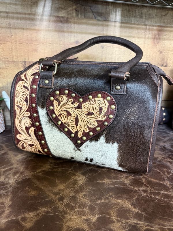 Cowhide &amp; Tooled Leather Heart Medium Handbag Western Studded Purse with Genuine Leather