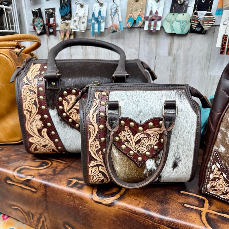 Cowhide &amp; Tooled Leather Heart Small Handbag Western Studded Purse