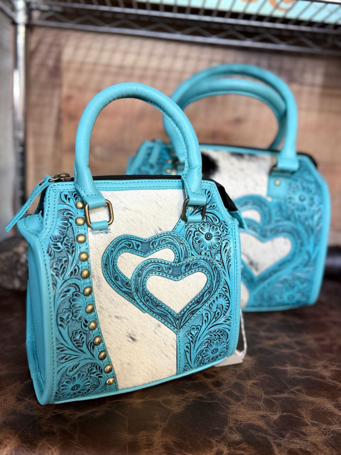 Teal Double Heart Small Cowhide &amp; Tooled Leather Western Bag