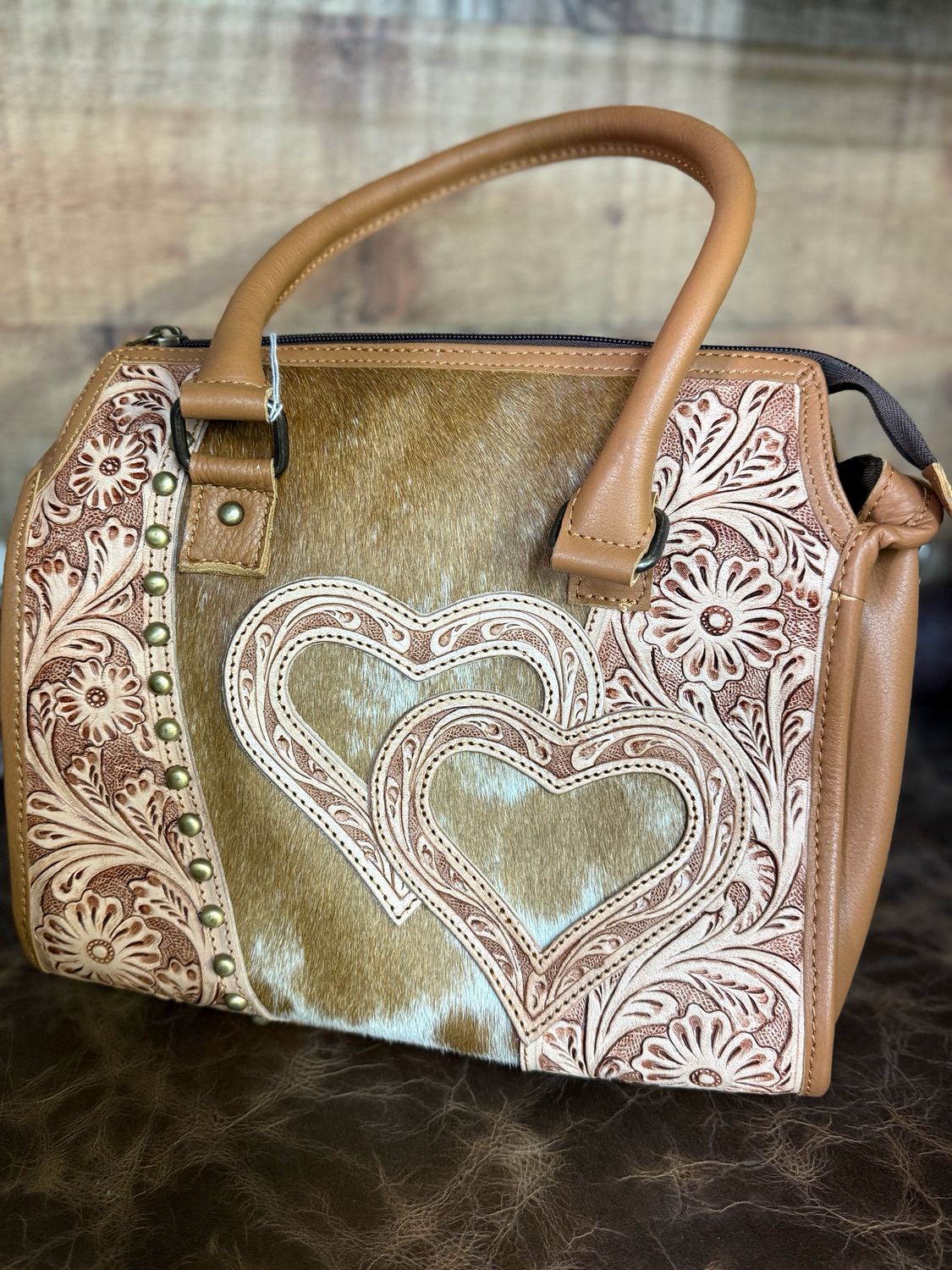 Medium Golden Double Heart Tooled Leather Cowhide Western Bag