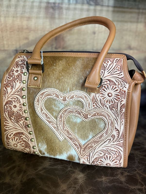 Medium Golden Double Heart Tooled Leather Cowhide Western Bag