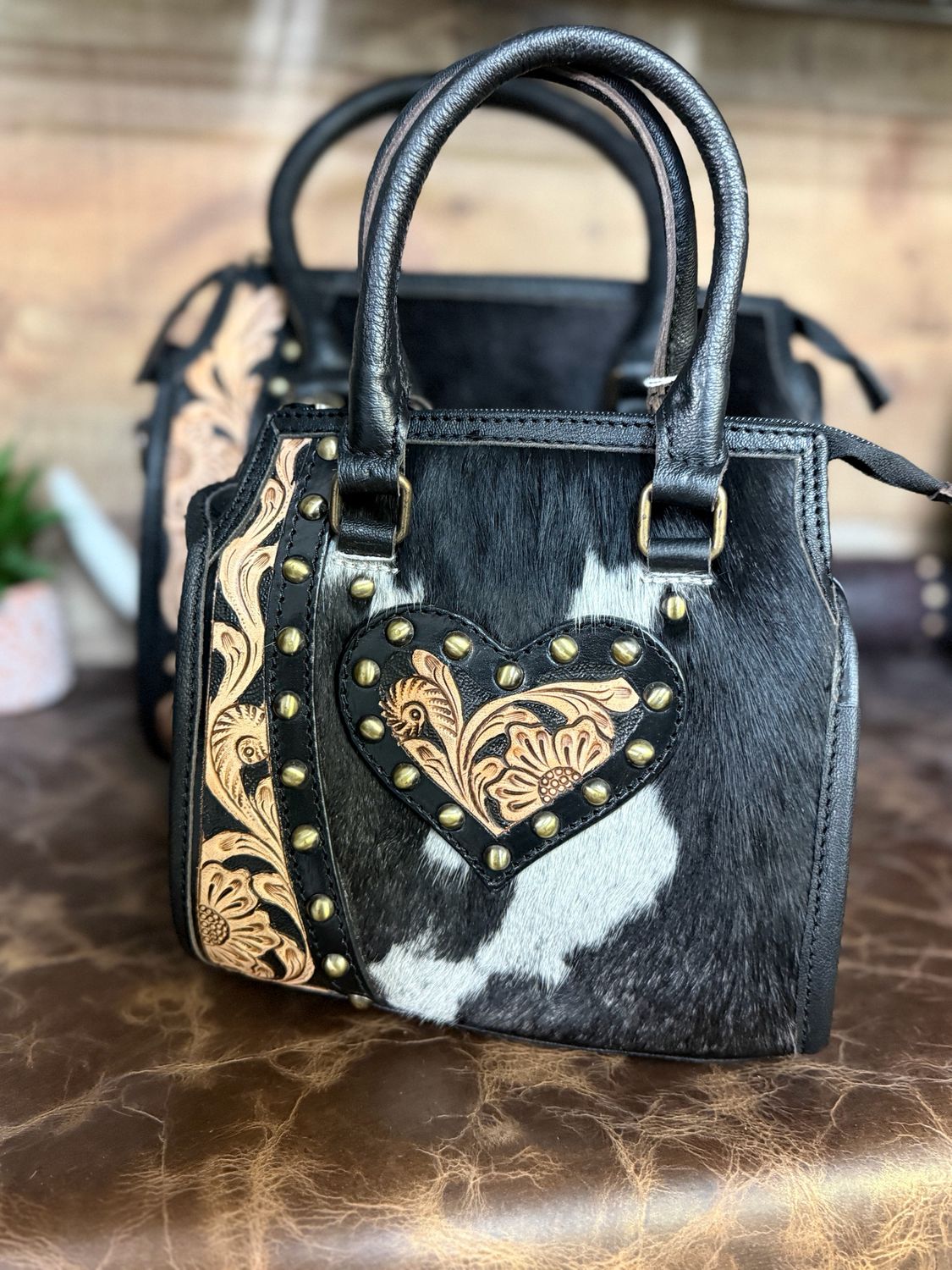 Black Leather Heart Small Cowhide &amp; Tooled Leather Western Bag