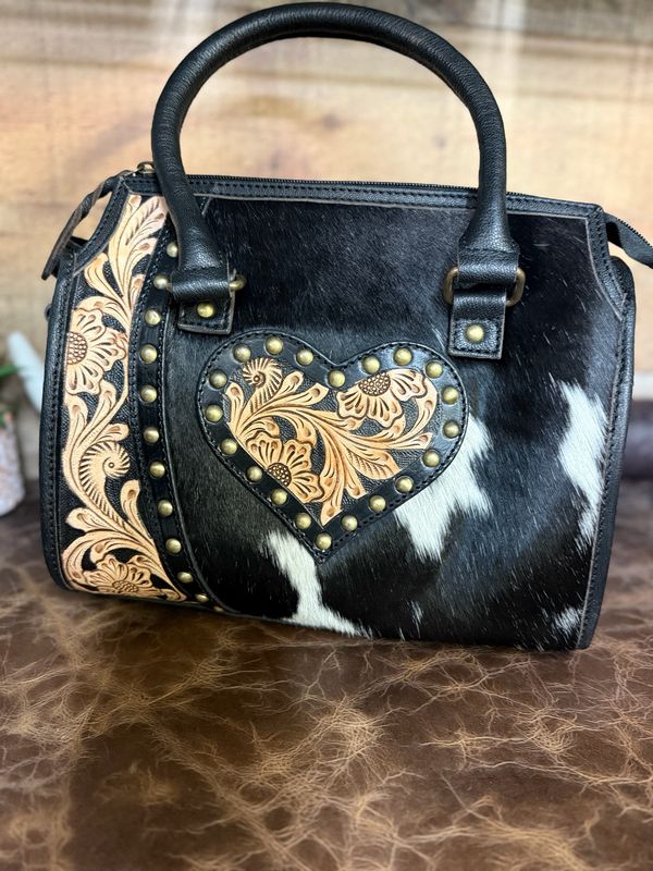 Medium Black Double Heart Cowhide Leather Western Bag