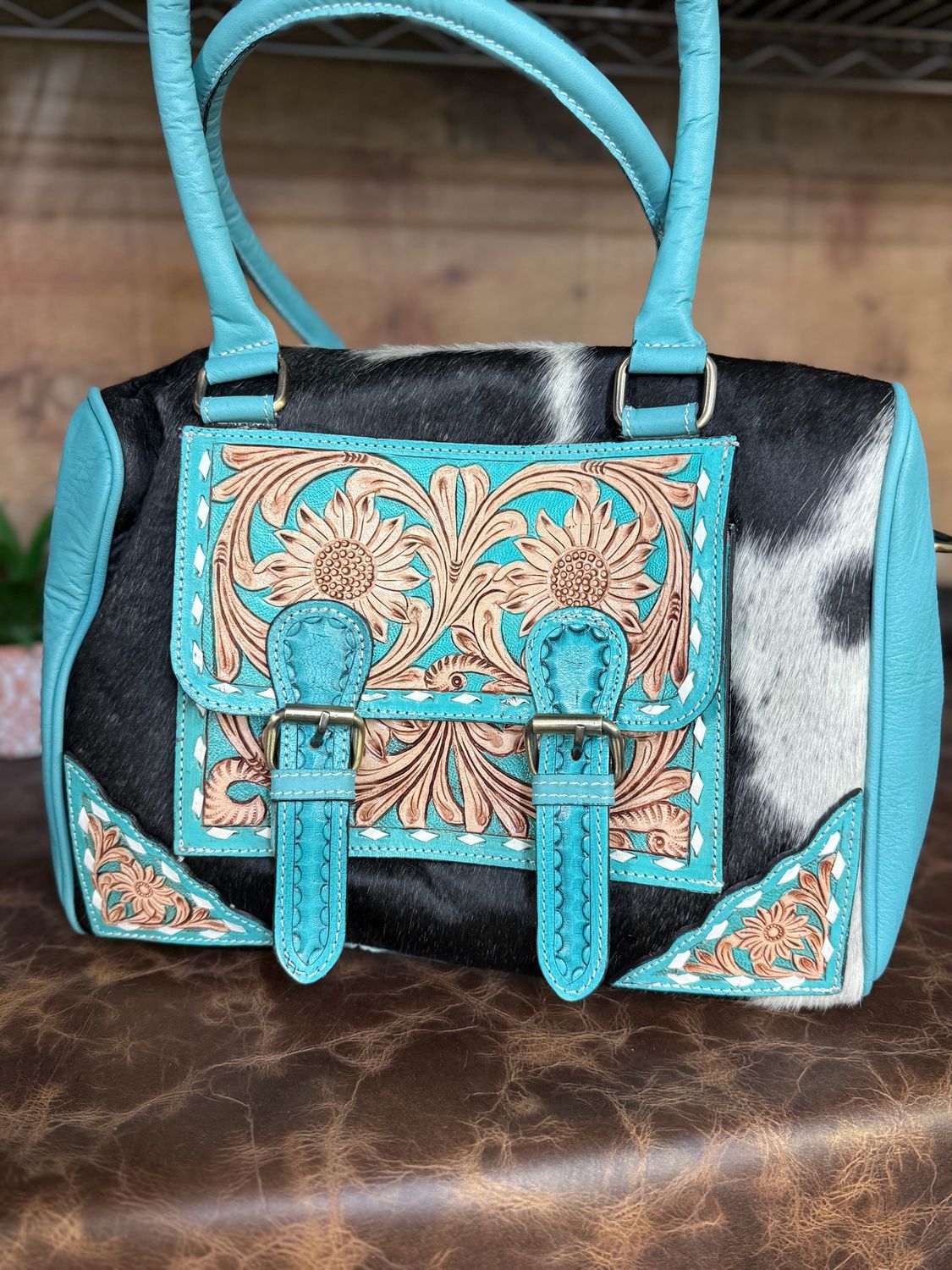 Turquoise Leather Cowhide Tooled Buckle Satchel Bag