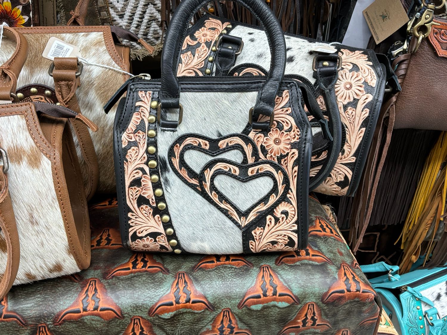 Dark Brown Small Double Leather Heart Cowhide Western Bag