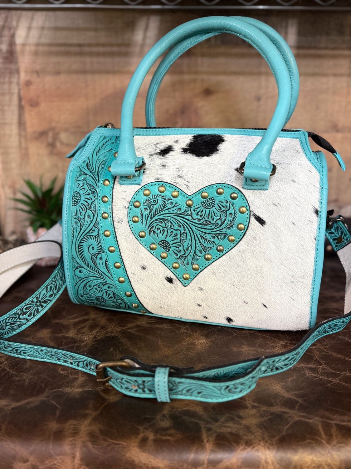 Medium Turquoise Leather Tooled Heart &amp; Cowhide Western Bag