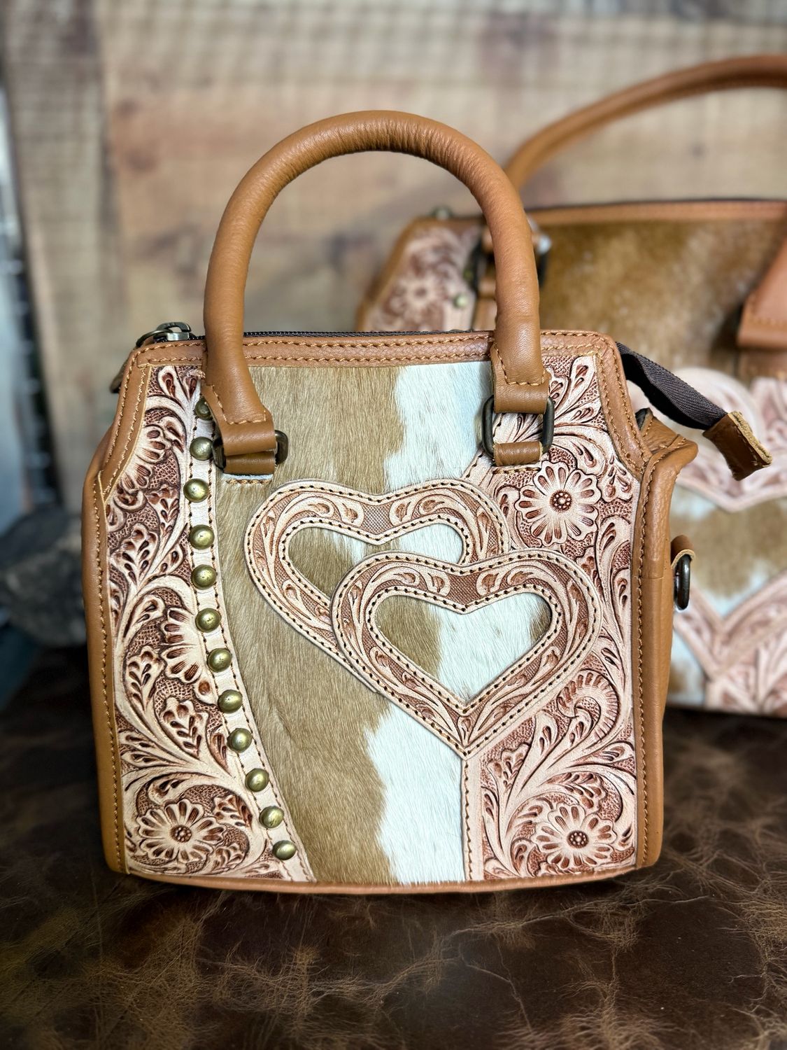 Small Golden Double Heart Tooled Leather Cowhide Western Bag