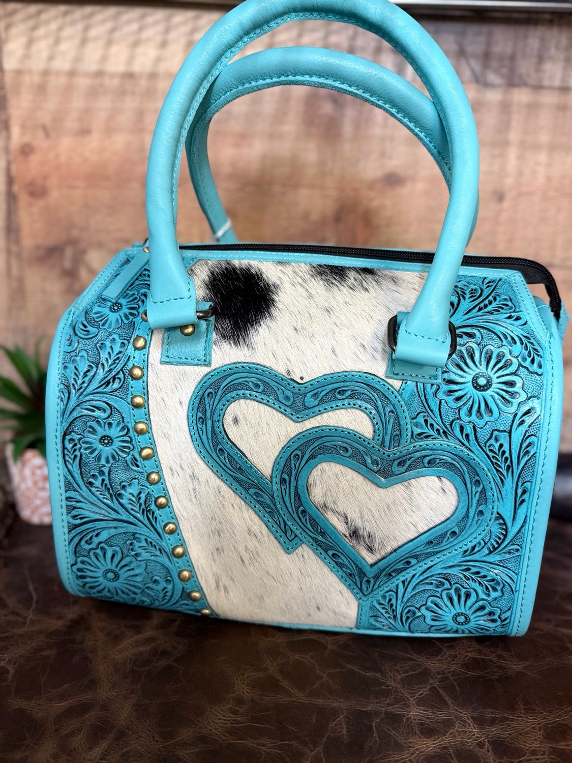 Teal Double Heart Medium Cowhide &amp; Tooled Leather Western Bag