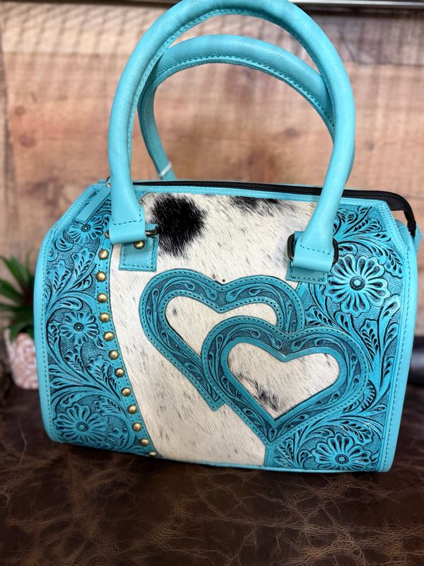 Teal Double Heart Medium Cowhide &amp; Tooled Leather Western Bag