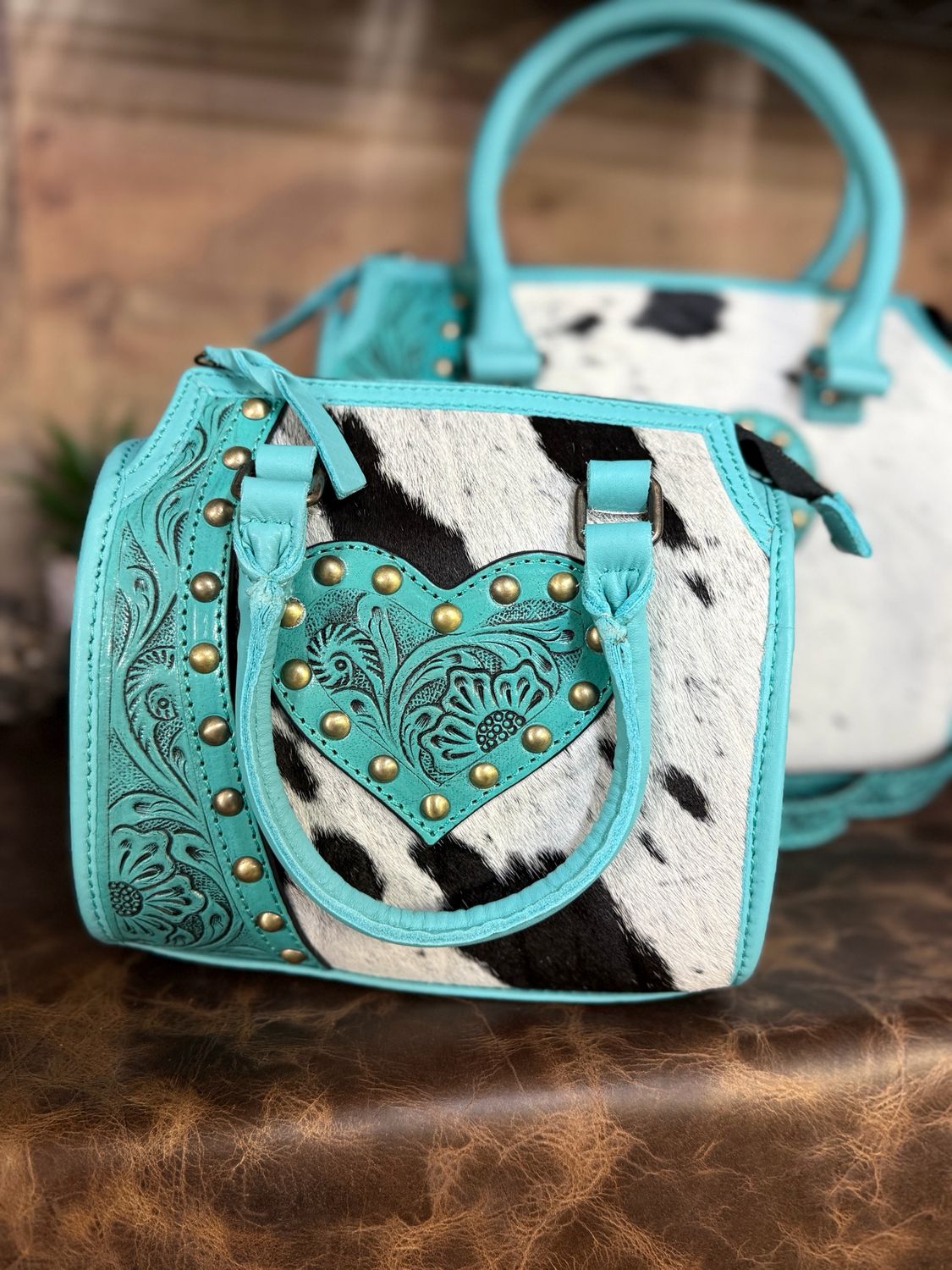 Small Turquoise Leather Tooled Heart &amp; Cowhide Western Bag