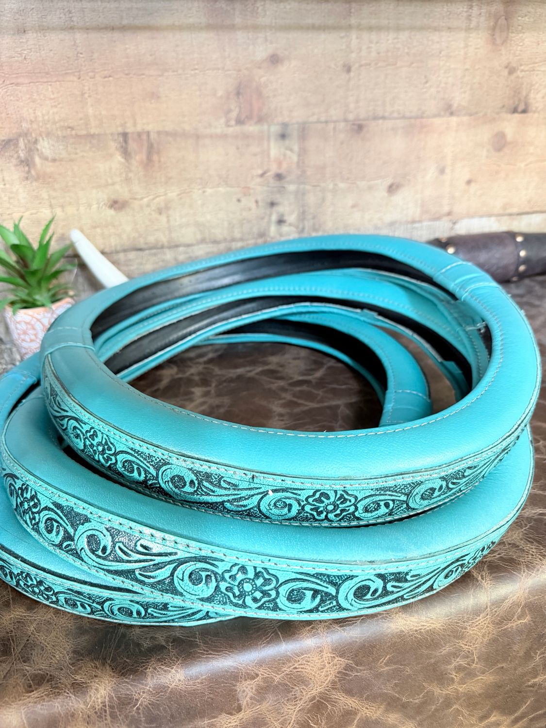 Turquoise Tooled Genuine Leather Steering Wheel Cover