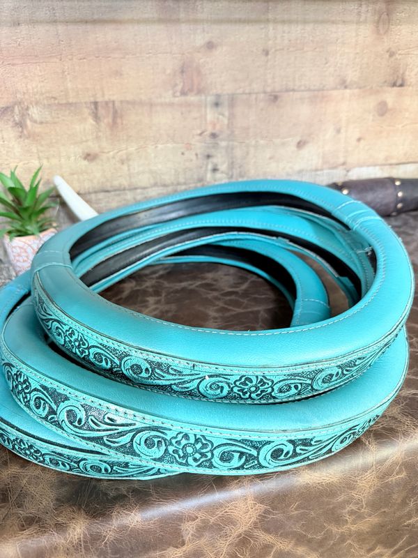 Turquoise Tooled Genuine Leather Steering Wheel Cover