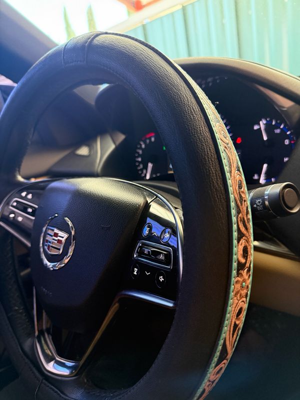 Floral Tooled Leather with Turquoise Outline Western Steering Wheel Cover