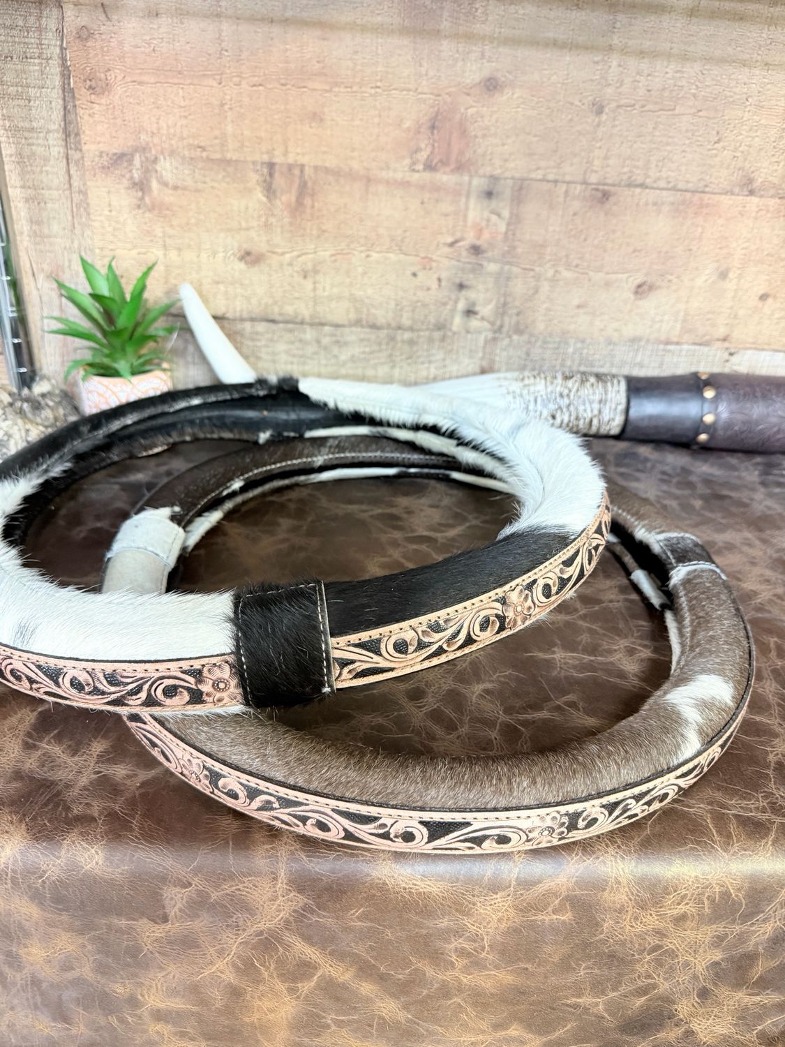 Genuine Cowhide Steering Wheel Cover with Genuine Tooled Leather Design