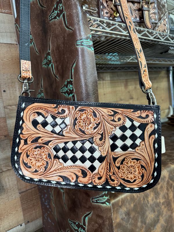 Black &amp; White Checkered Tooled Leather Shoulder Bag Western Handbag Purse