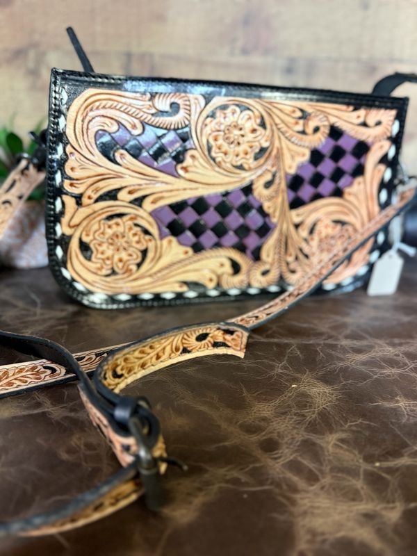Purple &amp; Black Checkered Tooled Leather Western Shoulder Bag