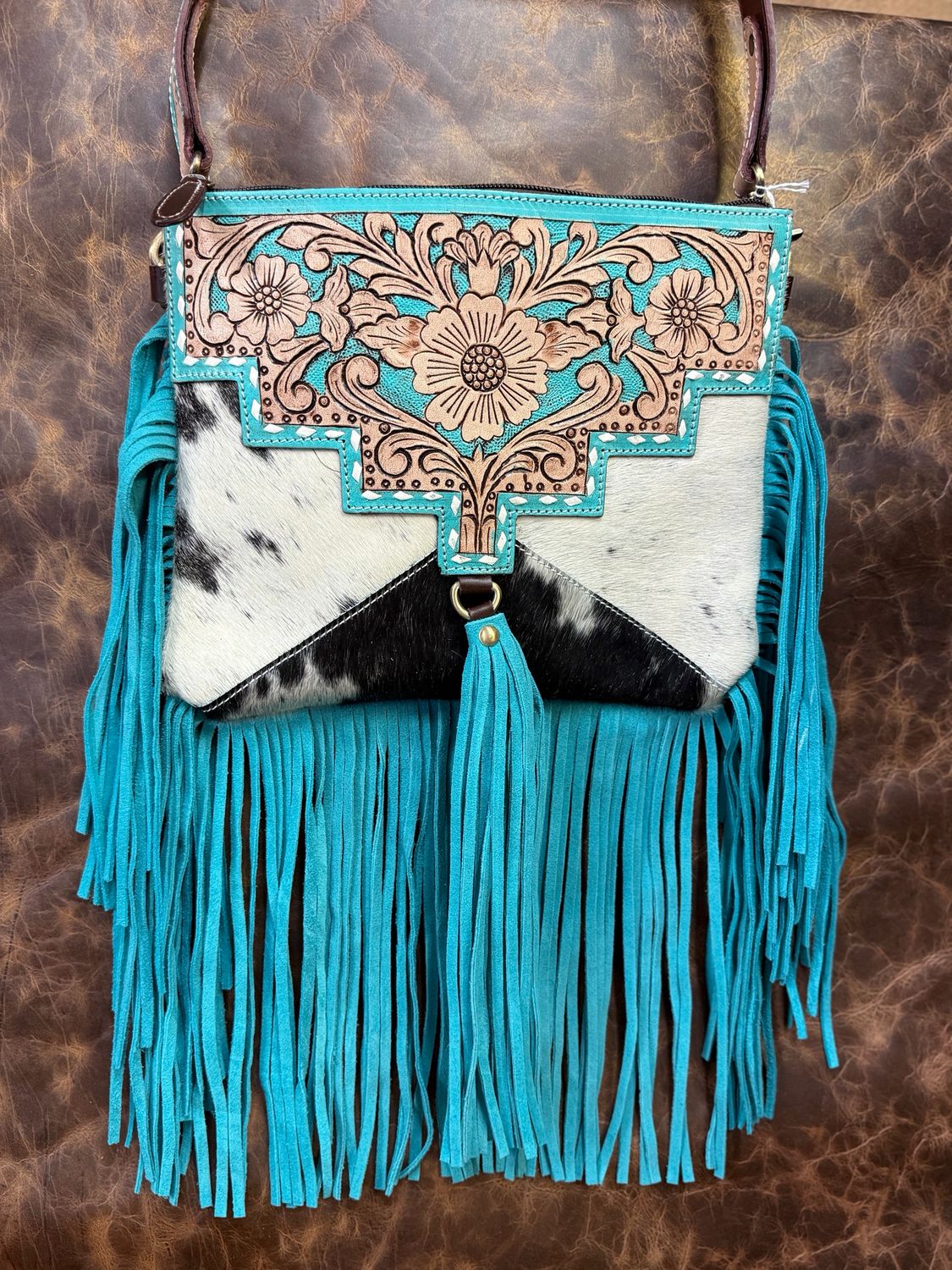 Turquoise Tooled Leather Cowhide Fringe Bag and Wallet Set