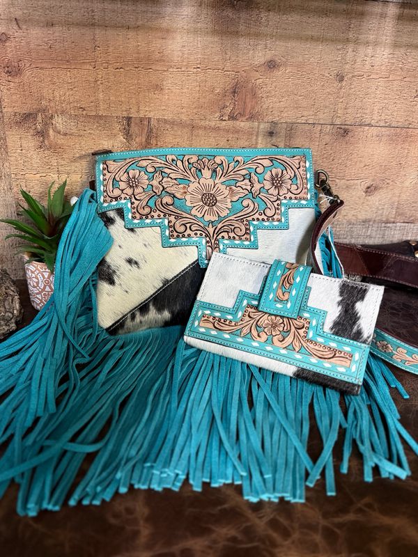 Turquoise Tooled Leather Cowhide Fringe Bag and Wallet Set 