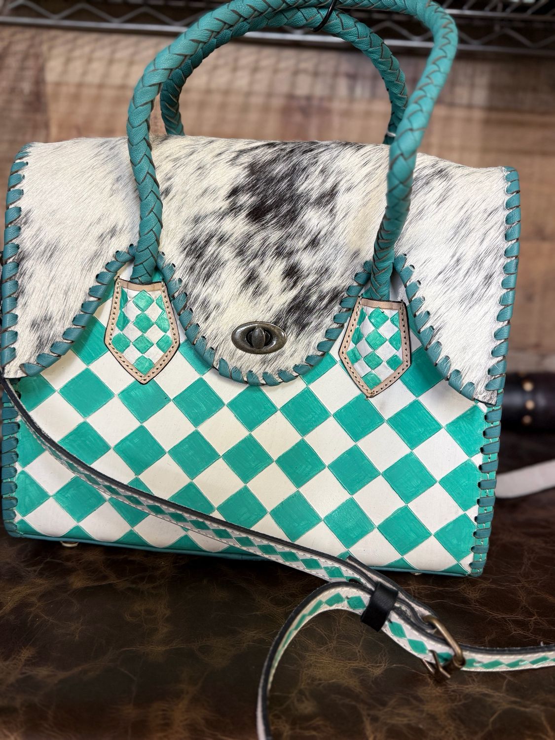 Turquoise Checkmate Leather &amp; Cowhide Handbag