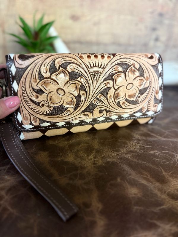 Tooled Leather Tan Checkered Wallet