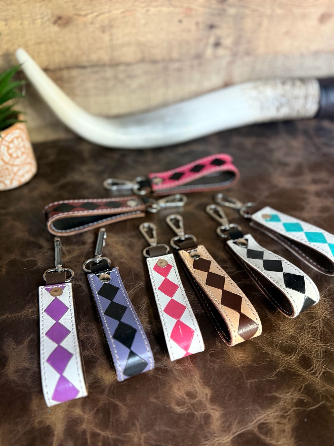 Checkered Leather Loop Key Rings