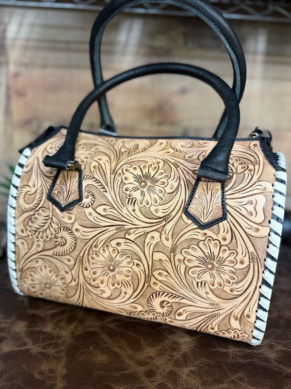 Floral Carved Tooled Leather Satchel Western Handbag