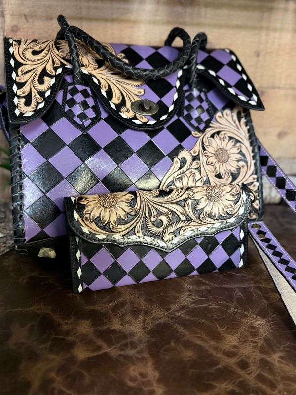 Tooled Leather Purple Checkered Handbag Wallet Set