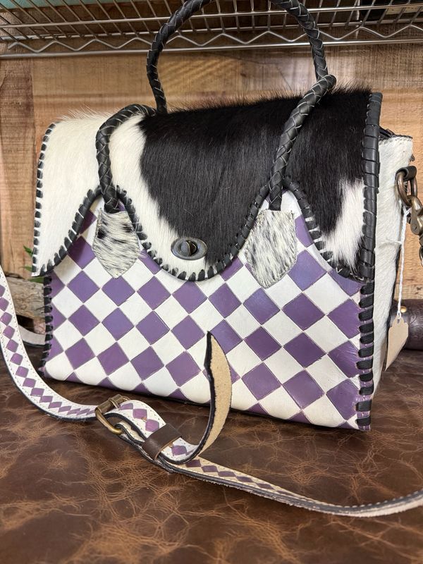 Purple Checkered Western Leather Cowhide Handbag Crossbody Purse