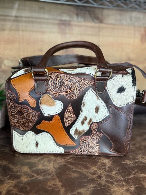Patchwork Cowhide Tooled Leather Speedy Western Handbag - Medium Patchwork Cowhide Tooled Leather Speedy Western Handbag - Medium