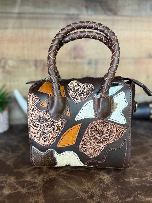 Patchwork Cowhide Tooled Leather Speedy Western Handbag - Small