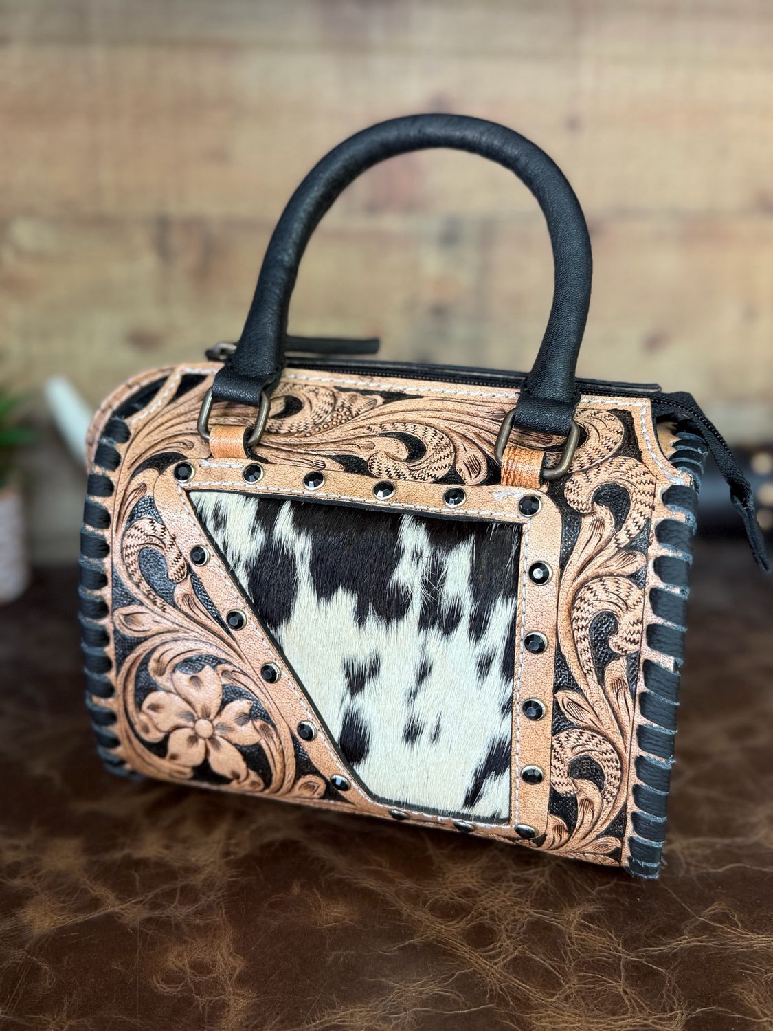 Black Cowhide &amp; Tooled Leather Western Speedy Bag