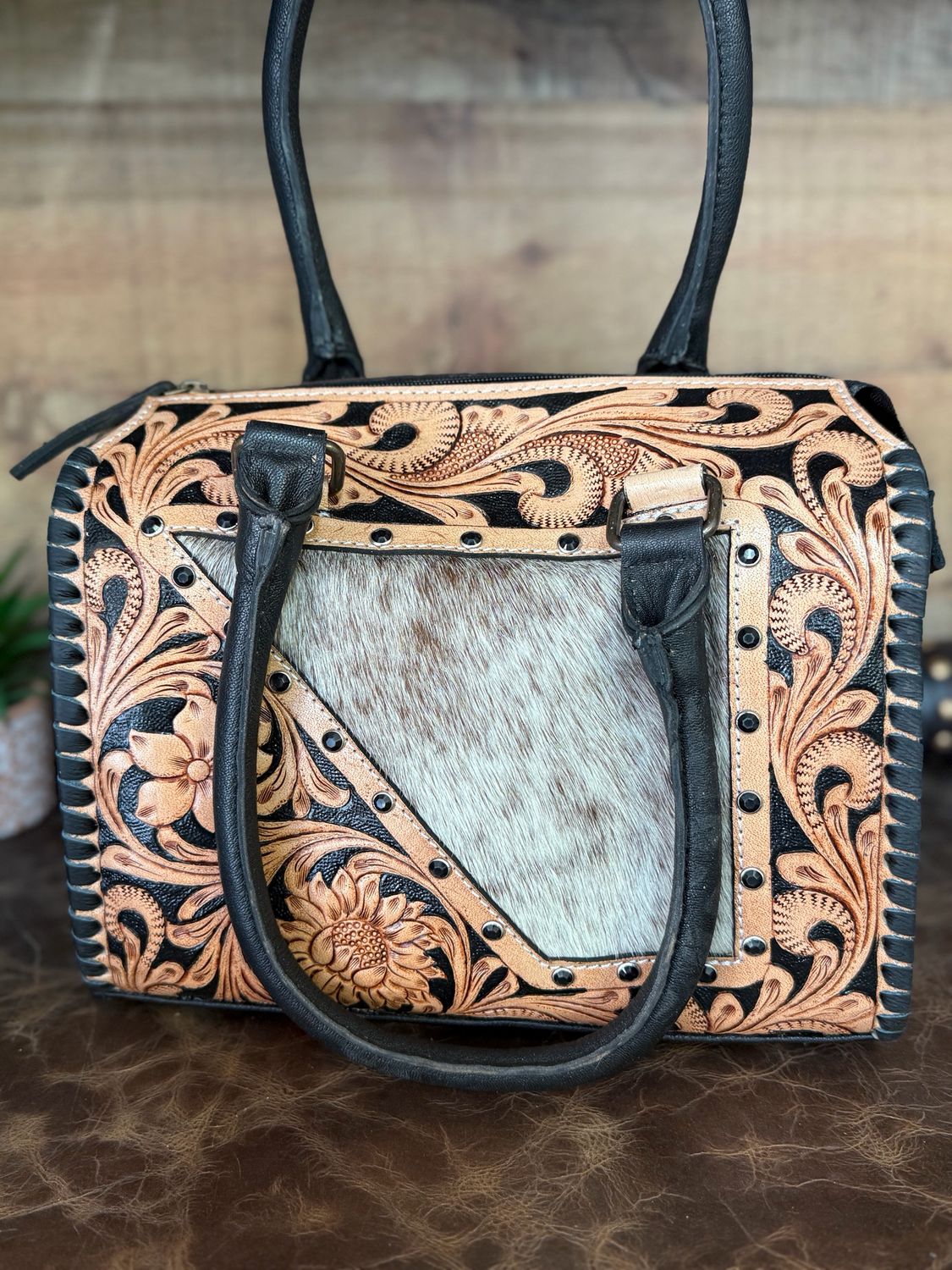 Cowhide &amp; Tooled Leather Handbag-Western Studded Satchel Purse