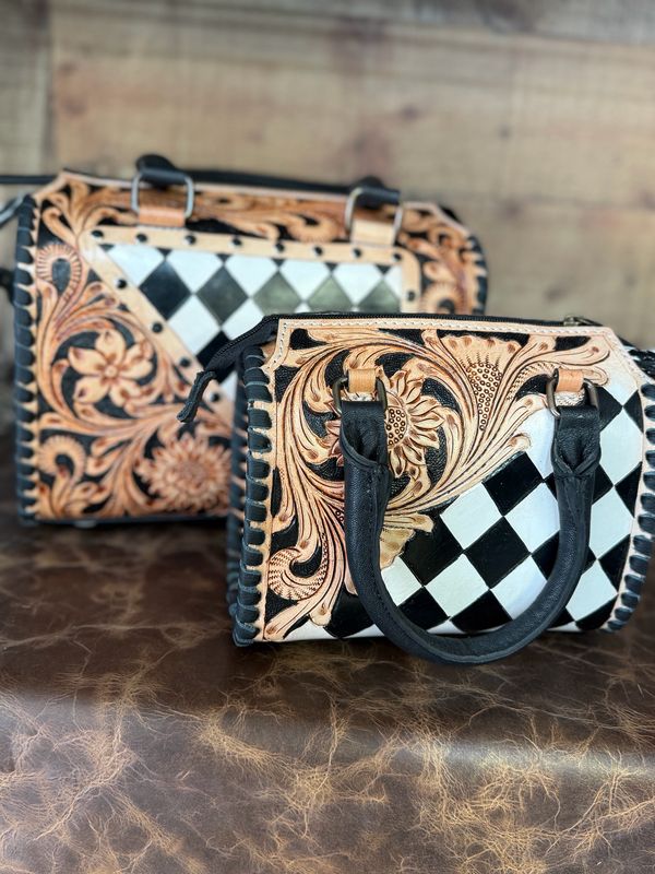 Black &amp; White Checkered Tooled Leather Speedy Western Bag -Small