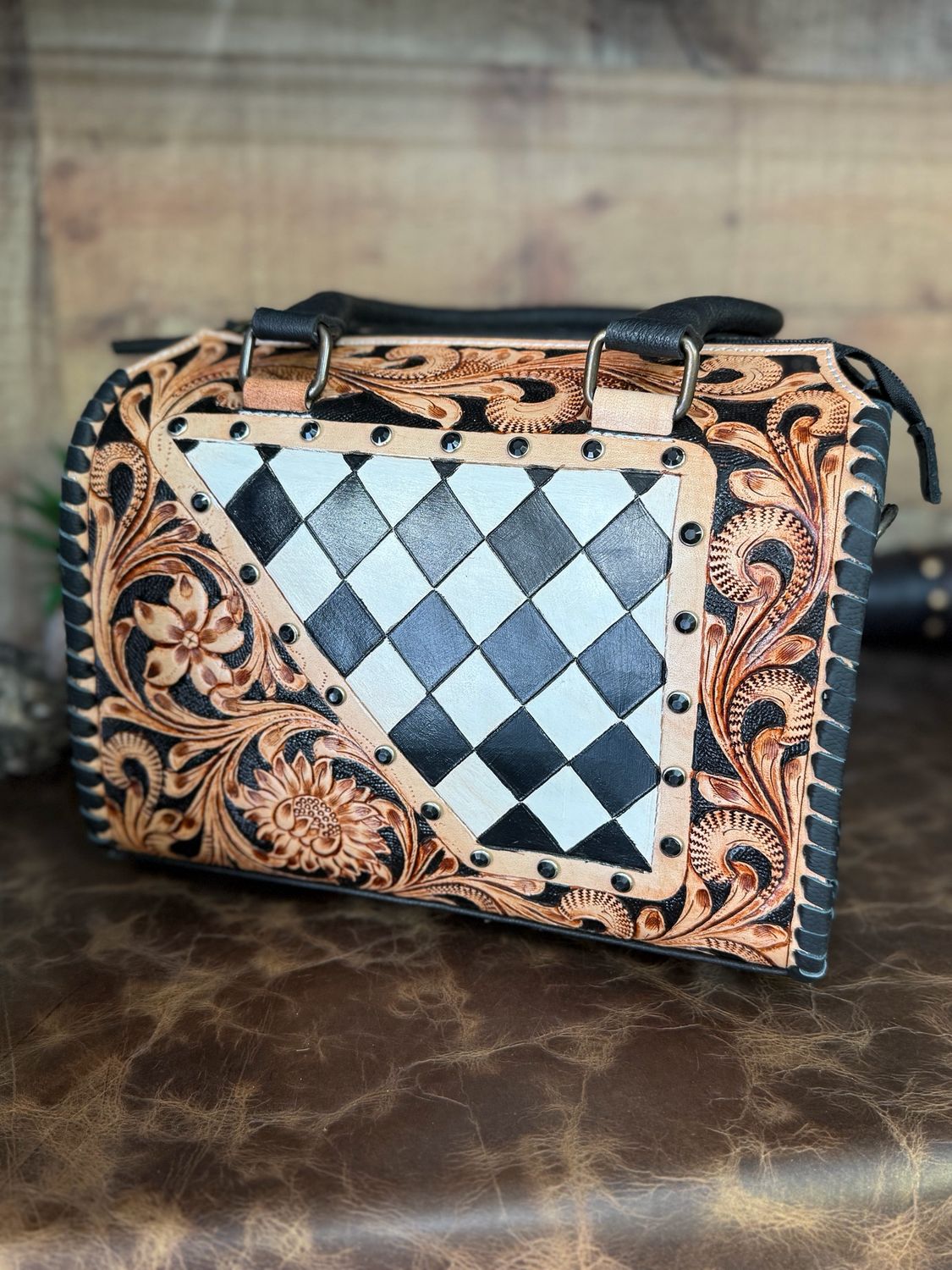 Black &amp; White checkered Tooled Leather Speedy Western Bag -Medium