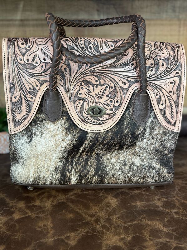 Western Braided Cowhide & Tooled Leather Tote Handbag Western Braided Cowhide & Tooled Leather Tote Handbag