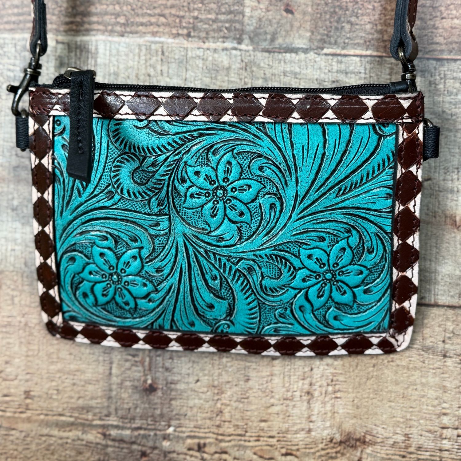 Leather Tooled Pouch Crossbody with Checkered Trim
