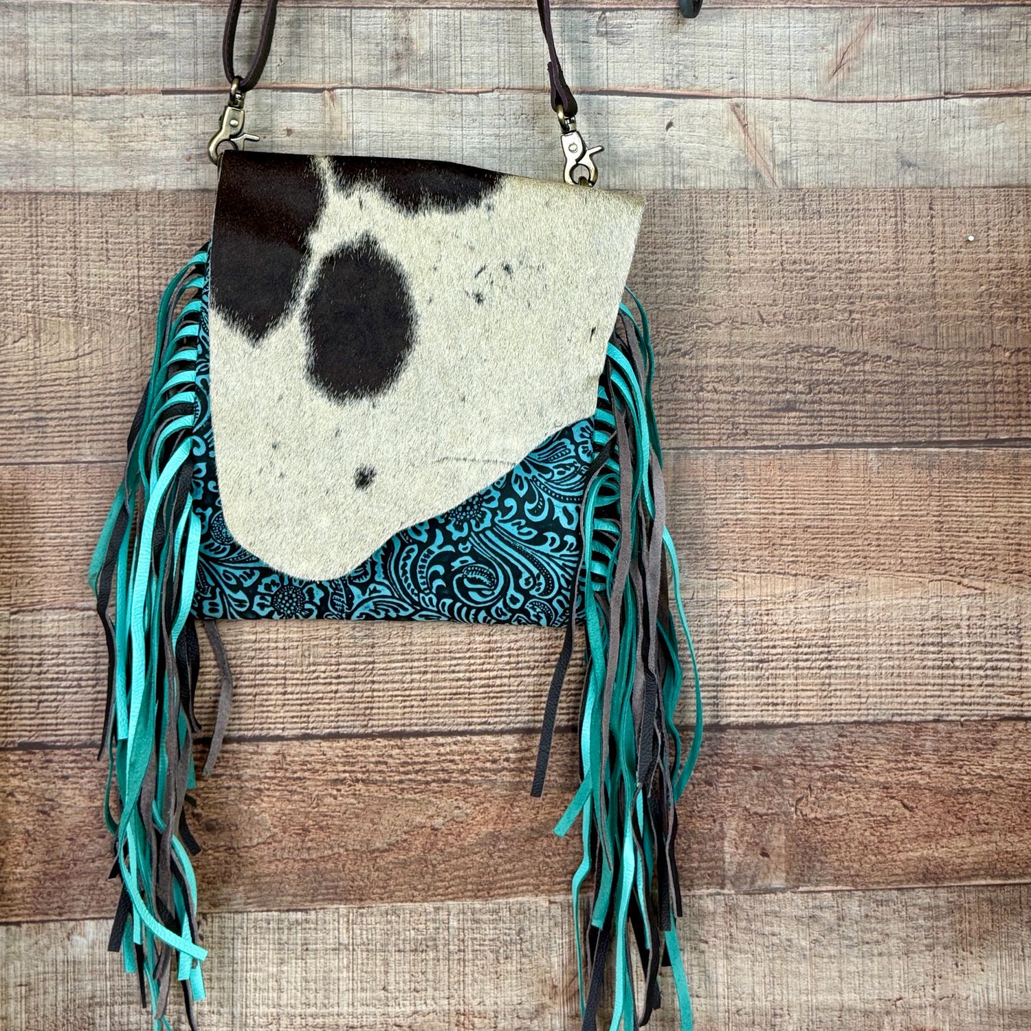 Cowhide Fringe Crossbody Bag with Turquoise Fringe
