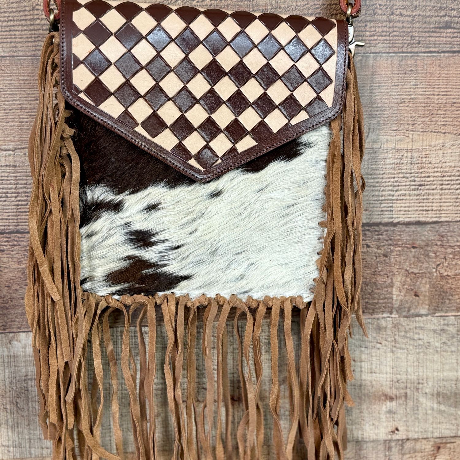 Cowhide Fringe Crossbody Bag with Checkered Leather Flap - Western Hair on Hide Purse